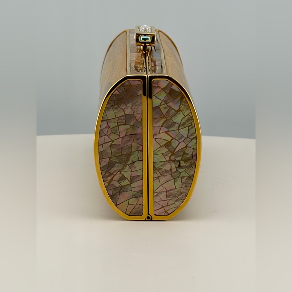 JUDITH LEIBER UNIQUE TINY MINI WOOD ABALONE SHELL PURSE MINAUDIERE BAG COUTURE - Picture 6 of 12